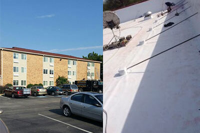 Two picture split. One of apartment repairs. Second one roofing repair